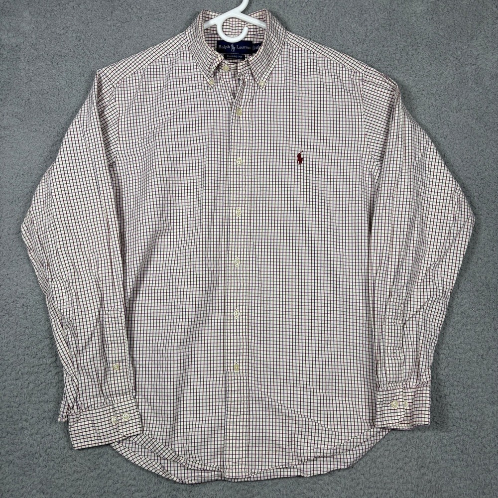 Ralph Lauren Button Down Shirt Mens 16 L White Tattersall Check Classic Fit Logo